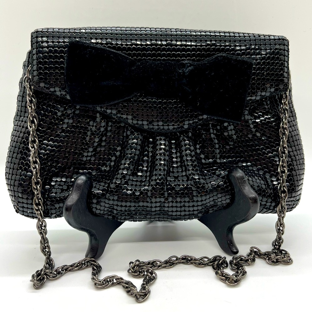 Talbot Black Metal Mesh Clutch with Velvet Bow and Metal Chain Holiday Ready❣️